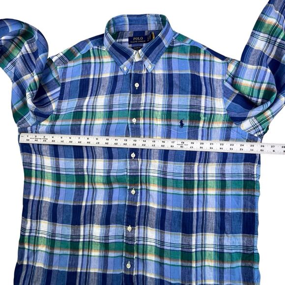 Polo Ralph Lauren Linen Shirt XL Blue Green Plaid Classic Preppy Beach Preppy - Picture 9 of 11